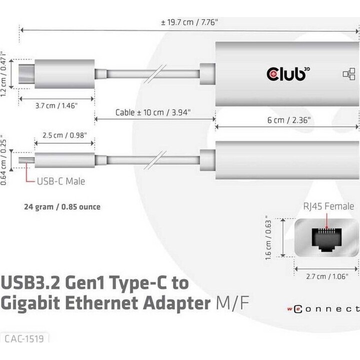 Club3D Cac-1519 USB-C RJ-45 Gender Changer Cable White