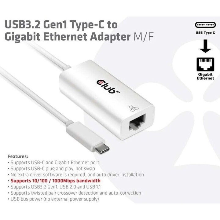Club3D Cac-1519 USB-C RJ-45 Gender Changer Cable White