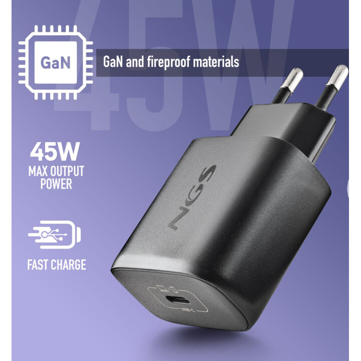 NGS Bud 45W-C: adattatore di alimentazione da 45W con 1 uscita USB-C (PD e PPS) e cavo da 1,5 metri incluso. Compatto. Larghezza