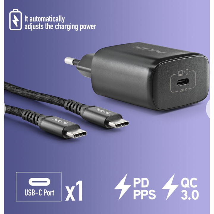 NGS Bud 45W-C: adattatore di alimentazione da 45W con 1 uscita USB-C (PD e PPS) e cavo da 1,5 metri incluso. Compatto. Larghezza
