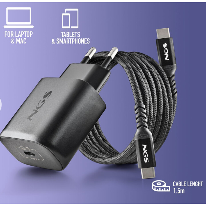NGS Bud 45W-C: adattatore di alimentazione da 45W con 1 uscita USB-C (PD e PPS) e cavo da 1,5 metri incluso. Compatto. Larghezza