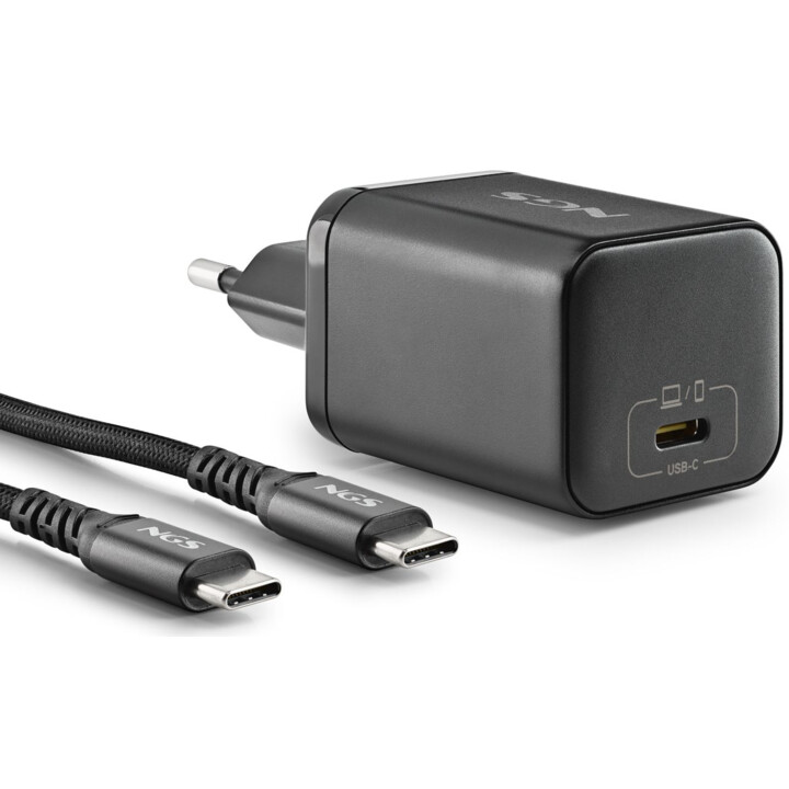 NGS Bud 65W-C: adattatore di alimentazione da 65W con 1 uscita USB-C (PD e PPS) e cavo da 1,5 metri incluso. Compatto. Larghezza