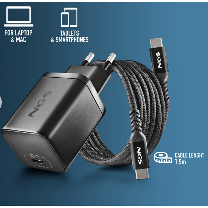 NGS Bud 65W-C: adattatore di alimentazione da 65W con 1 uscita USB-C (PD e PPS) e cavo da 1,5 metri incluso. Compatto. Larghezza