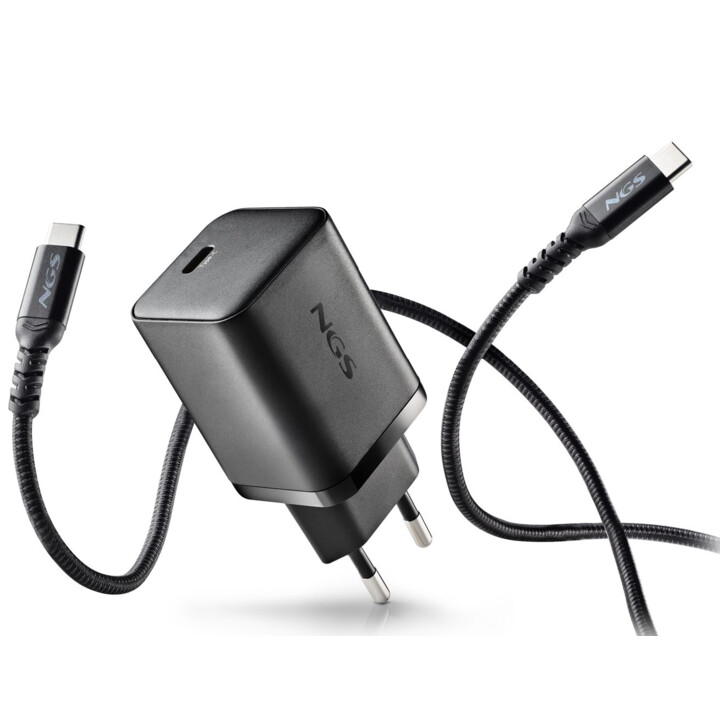 NGS Bud 65W-C: adattatore di alimentazione da 65W con 1 uscita USB-C (PD e PPS) e cavo da 1,5 metri incluso. Compatto. Larghezza