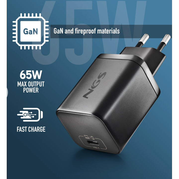 NGS Bud 65W-C: adattatore di alimentazione da 65W con 1 uscita USB-C (PD e PPS) e cavo da 1,5 metri incluso. Compatto. Larghezza