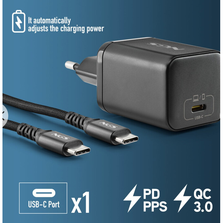 NGS Bud 65W-C: adattatore di alimentazione da 65W con 1 uscita USB-C (PD e PPS) e cavo da 1,5 metri incluso. Compatto. Larghezza