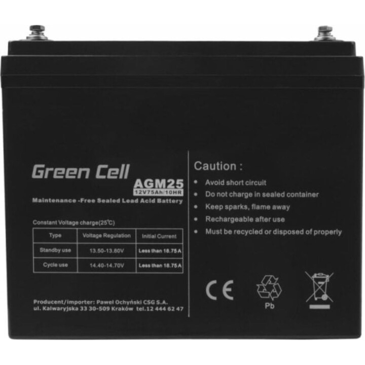 Batería sellada Green Cell AGM25 de 12 V y 75 Ah, color negro - Vida útil prolongada
