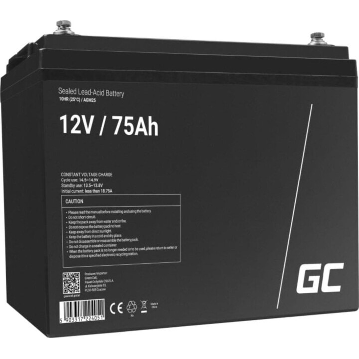 Batería sellada Green Cell AGM25 de 12 V y 75 Ah, color negro - Vida útil prolongada