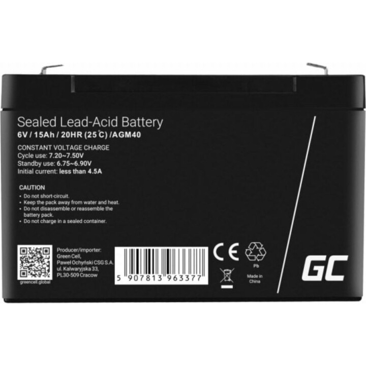 Green Cell AGM40 Batterie 6V 15Ah VRLA AGM Schwarz 1,8kg