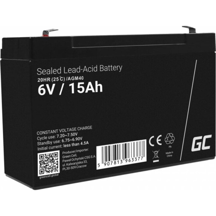 Green Cell AGM40 Batterie 6V 15Ah VRLA AGM Schwarz 1,8kg
