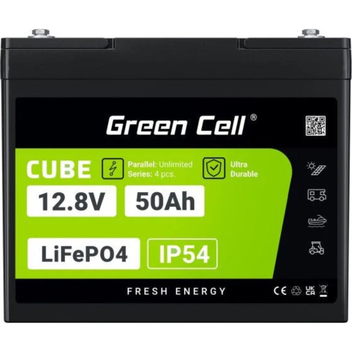 Green Cell CUBE LFPGC12V50AH batteria LiFePO4 50Ah 12.8V IP54 nera