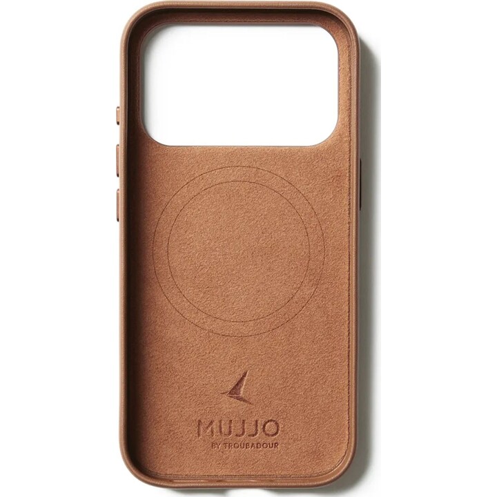 Capa Mujjo em couro legítimo com MagSafe para iPhone 17 Pro, marrom.
