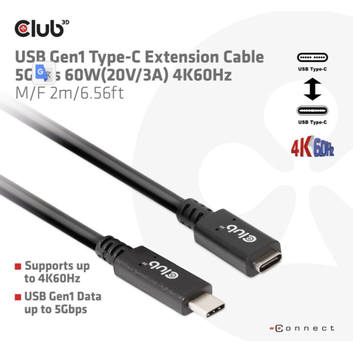 Cavo di prolunga USB-C® 5Gbps 60W (20V/3A) 4K60Hz M/F 2m/6,56ft