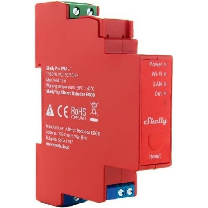 Shelly Pro 1PM- Interruptor de relé inteligente, sem fios e Bluetooth com medição do consumo, vermelho
