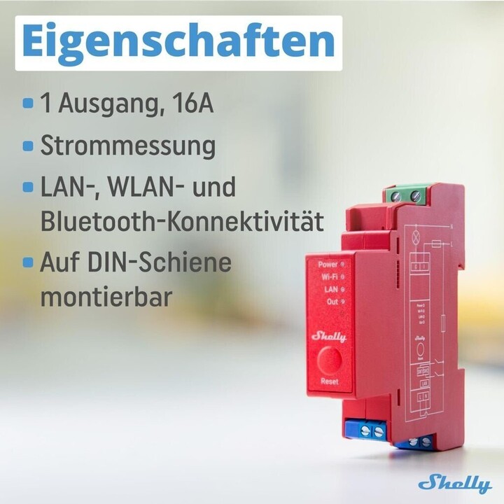Shelly Pro 1PM- Interruptor de relé inteligente, sem fios e Bluetooth com medição do consumo, vermelho
