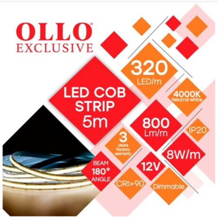 COB LED-Streifen 4000K, IP20, 12V, 8W, Neutralweiß