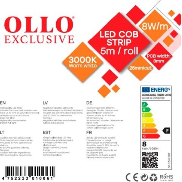 Fita COB LED 3000K, IP20, 12V, 8W, 800 lm, 320 LED, Branco quente