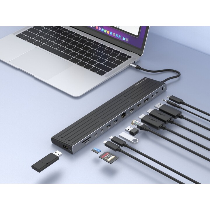 Conceptronic DONN32B base para portátil y replicador de puertos Alámbrico USB 3.2 Gen 1 (3.1 Gen 1) Type-C Gris, Plata
