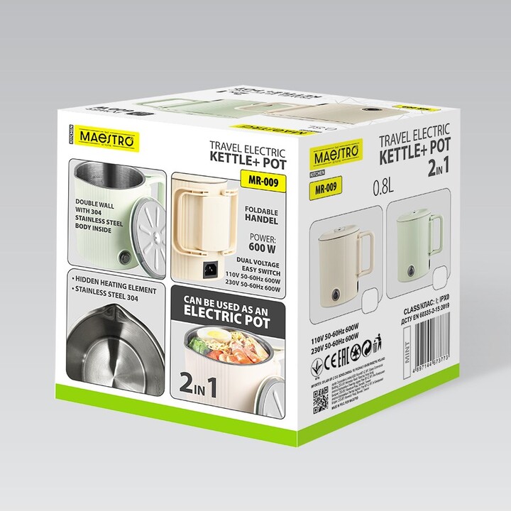 Maestro MR-009 Bollitore elettrico/pentola da viaggio 0,8 L 600 W (MR-009-MINT) Menta