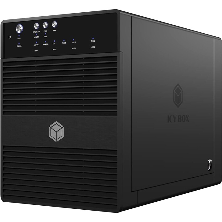 Icy Box IB-3640SU3 Armário externo JBOD de 4 compartimentos HDD SATA de 3,5" USB 3.0 eSATA sem tabuleiro Alumínio Preto 80mm Ven