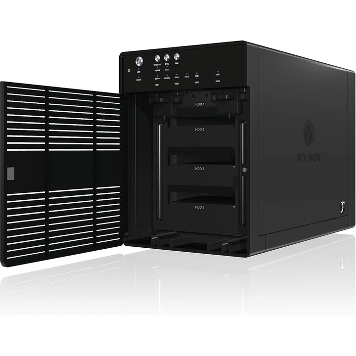 Icy Box IB-3640SU3 Armário externo JBOD de 4 compartimentos HDD SATA de 3,5" USB 3.0 eSATA sem tabuleiro Alumínio Preto 80mm Ven