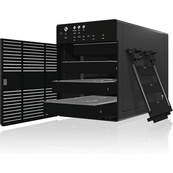 Icy Box IB-3640SU3 4-Bay JBOD Externes Gehäuse 3.5" SATA HDD USB 3.0 eSATA Trayless Aluminium Schwarz 80mm Lüfter 60W PSU