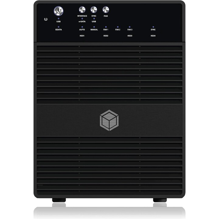 Icy Box IB-3640SU3 4-Bay JBOD Externes Gehäuse 3.5" SATA HDD USB 3.0 eSATA Trayless Aluminium Schwarz 80mm Lüfter 60W PSU