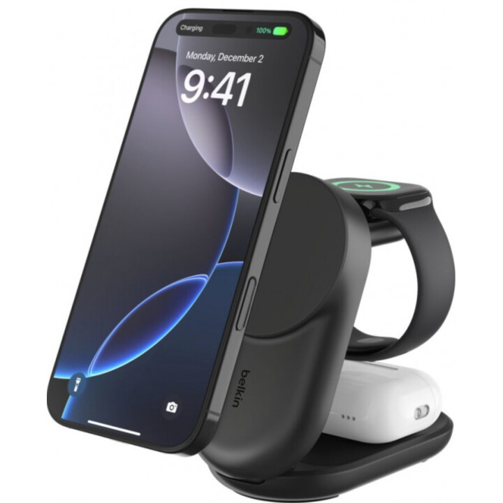 Belkin - Qi2 Fitness Tracker, cuffie, smartphone, smartwatch, nero, caricatore wireless USB, ricarica rapida