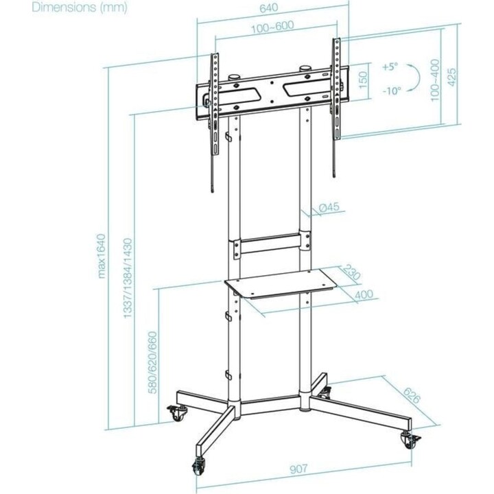 TooQ KEFRÉN FS1150M-B Meuble TV avec roulettes, réglable en hauteur, 37-70", capacité 70 kg, noir