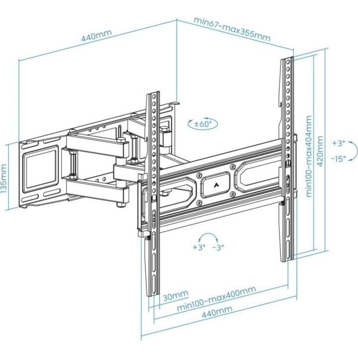 TooQ LP7846TN-B Support mural pivotant/inclinable pour téléviseurs 32"-70" VESA 400x400 Max 40Kg