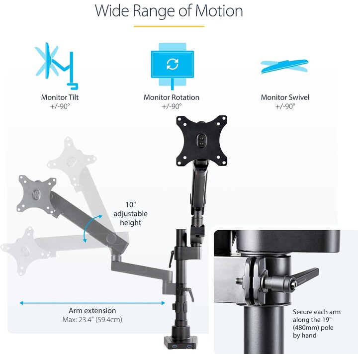 StarTech ARMPIVOT2USB3 Bras pour moniteur unique Support de bureau VESA 75x75/100x100 jusqu'à 34" 8kg Tilt/Pan/Rotation