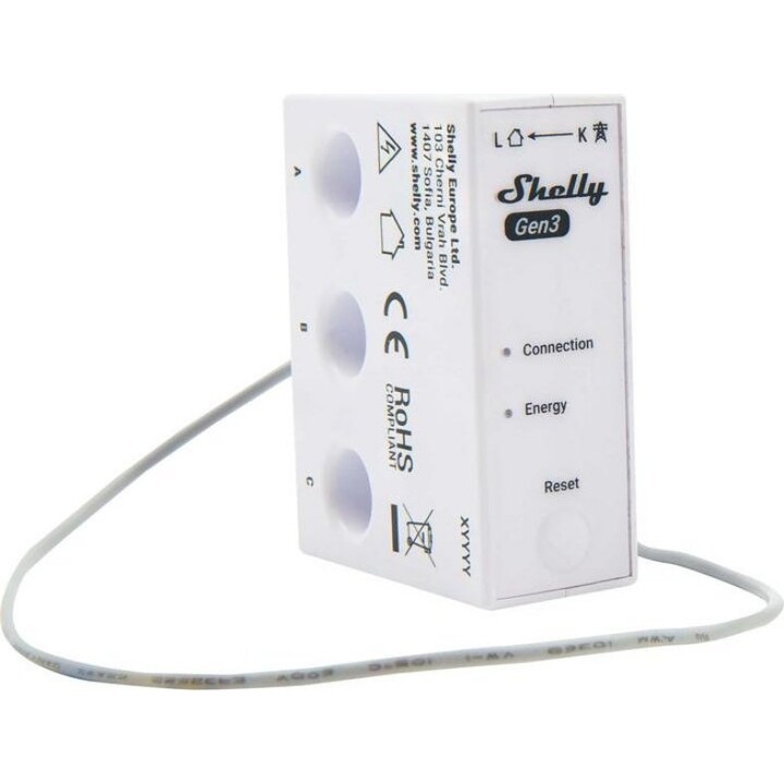 Shelly 3EM-63T Gen3, Medidor de energia inteligente WiFi e Bluetooth, Branco