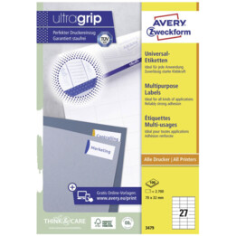 Avery-Zweckform 3479 Etichette multiuso 70 x 32 mm Carta bianca 2700 pz. Adesivo permanente Laser, colore, stampa laser