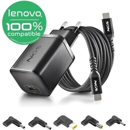 Carregador para laptop GaN NGS BUD65W-L para Lenovo / 1x USB Tipo-C / 65W / Automático / 5 Conectores / Voltagem 5-20V