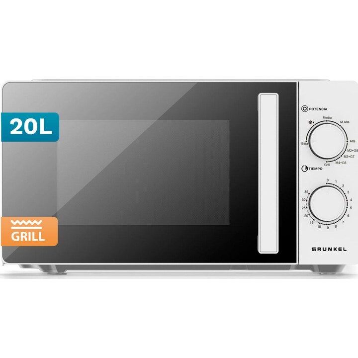 Grunkel MWG-20GRILL, micro-ondas de 20L 700W com grelhador integrado de 1000W e função de descongelação, Branco
