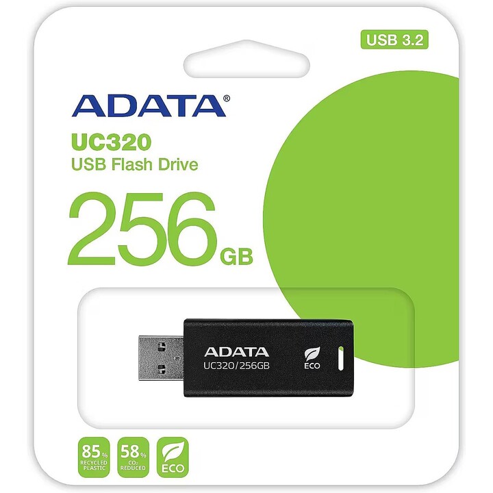 Adata UC320-256G-RBK/BK: unità flash USB 3.2 Gen1 da 256 GB con connettore scorrevole senza cappuccio 85% PCR in plastica nera