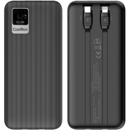 DP20 20000mAh Power Bank, pantalla LCD y cables USB-C y Lightning integrados, carga rápida.