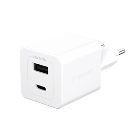 Carregador empower™ by PanzerGlass® Turbo de 35 W com USB-C + USB-A, conector UE, branco prateado