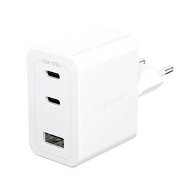 Chargeur multiple Powerpower™ de PanzerGlass® Turbo 70 W avec 2 ports USB-C et 1 port USB-A, connexion européenne, blanc argenté