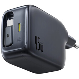 Baseus EnerCore CJ11 Cargador de pared de 45 W con puerto USB-C y cable USB-C retráctil - Negro