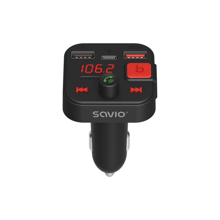 SAVIO FM Sender, Bluetooth 5.3, QC 3.0 Ladegerät, LED Display, Bass Boost, TR-15, schwarz