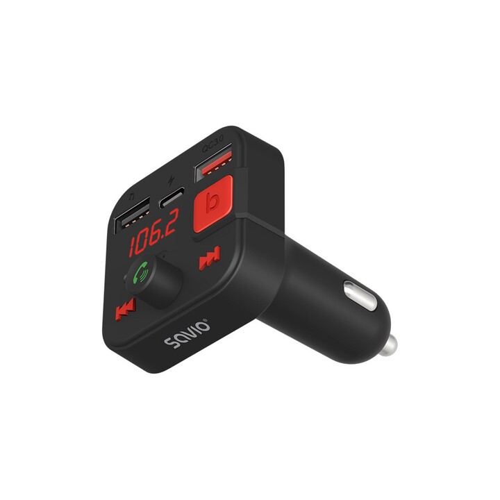 Transmetteur FM SAVIO, Bluetooth 5.3, chargeur QC 3.0, affichage LED, Bass Boost, TR-15, noir