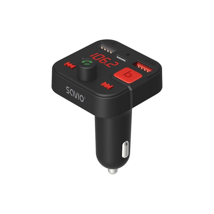 SAVIO FM Sender, Bluetooth 5.3, QC 3.0 Ladegerät, LED Display, Bass Boost, TR-15, schwarz