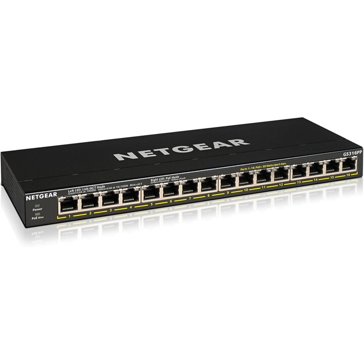 NETGEAR GS316PP, switch di rete PoE Gigabit Ethernet a 16 porte, non gestito, 16x PoE+, 183 W