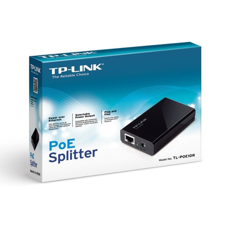 TP-Link POE10R PoE splitter passes data and power over the same cable up to 100 meters, plug and play