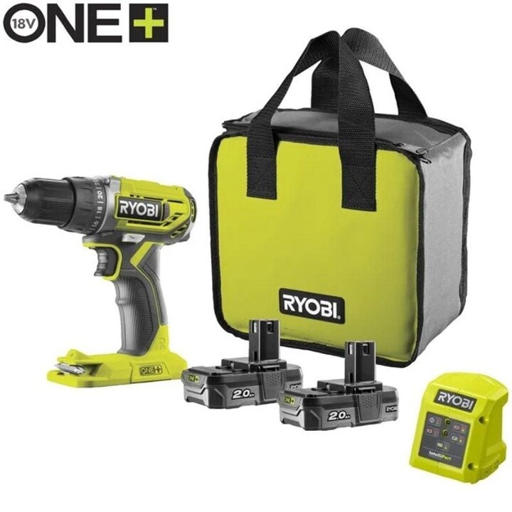 Furadeira/Parafusadeira sem fio Ryobi ONE+ R18DD2-220S / 2 baterias de 18V 2.0Ah / Carregador de 1.5A / Bolsa de transporte