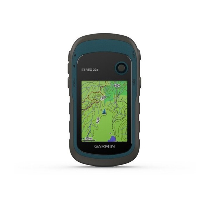 Navegador portátil Garmin eTrex 22x com tela TFT de 5,59 cm (2,2") e peso de 141,7 g, nas cores preto e cinza.