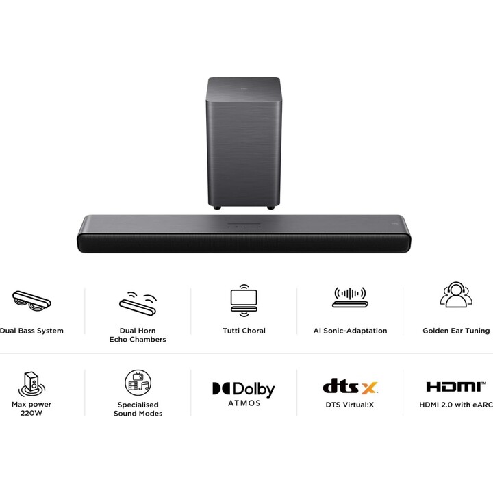 TCL Barra de Sonido S55HE 2.1, 220 vatios, Cine en casa, expansión de Sonido, Dolby Atmos