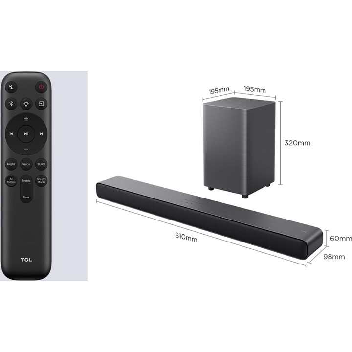 Soundbar TCL S55HE 2.1, 220 Watt, Home Cinema, espansione audio, Dolby Atmos