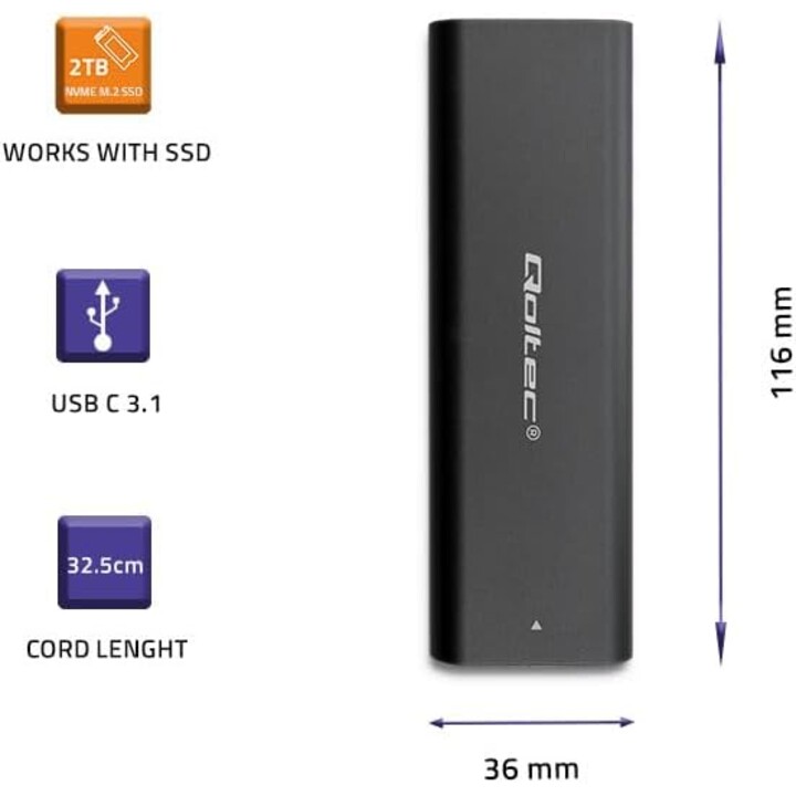 Qoltec 50312 External Hard Drive Enclosure, External Case for Solid State Drive (SSD), Black M.2